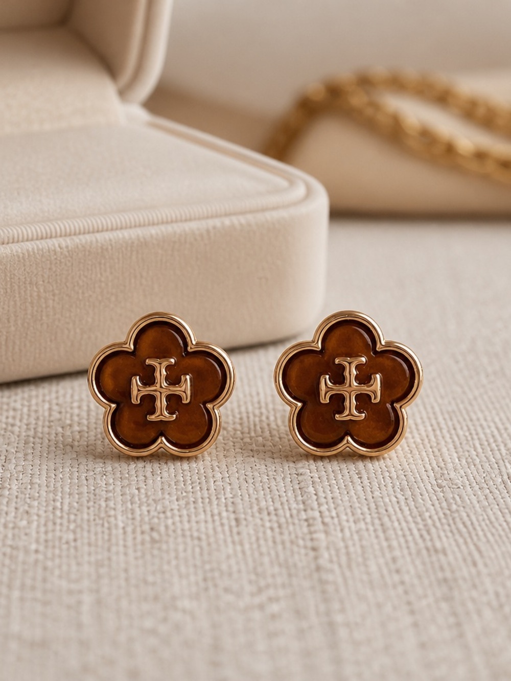 Tory Burch Brown Enamel Flower Logo Stud Earrings with Gold-Tone Trim